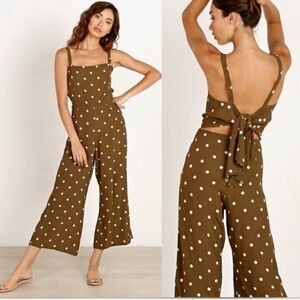 Faithfull the Brand Olive Brown Polka Dot Tie-Back Wide-Leg Jumpsuit